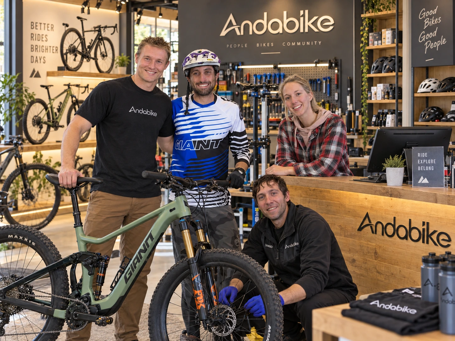Andobike technicians working together on a bicycle